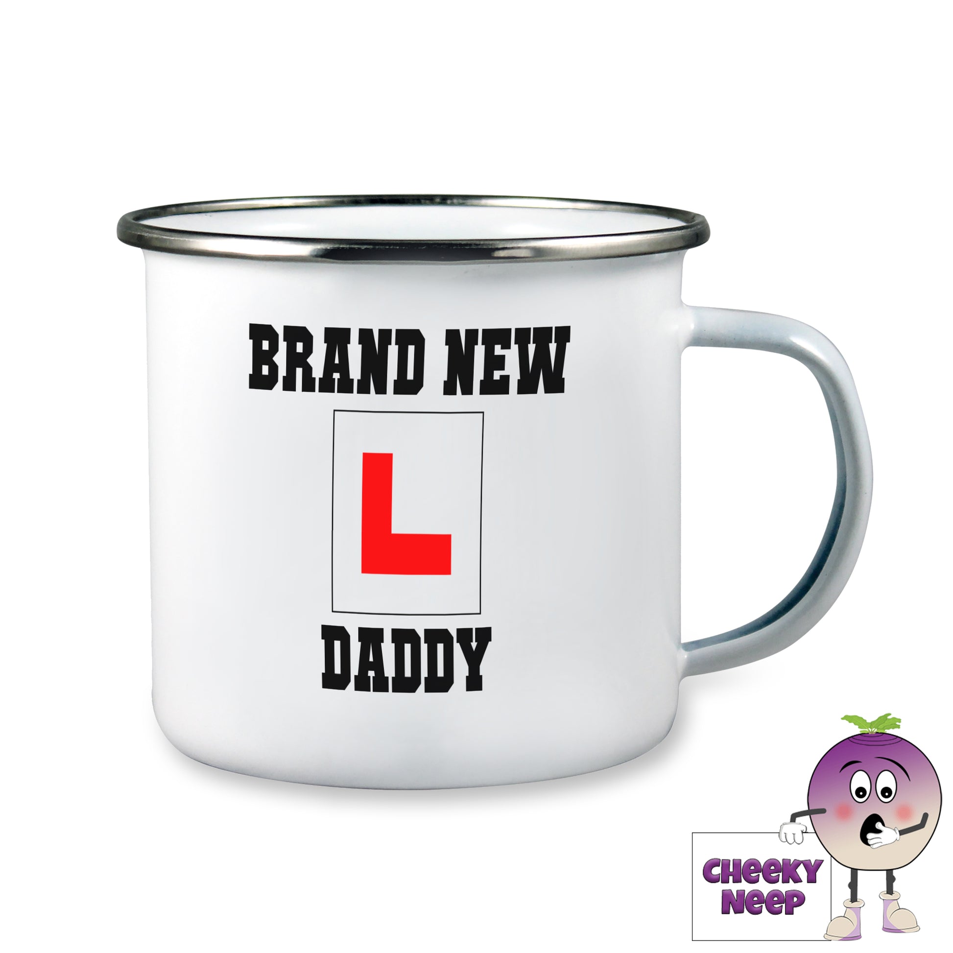 10oz white enamel camping mug with the words "Brand New Daddy" written in black text