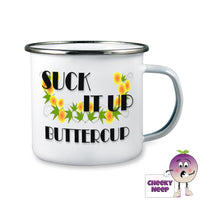 10oz white enamel tin camping mug with a picture of buttercups and the words 