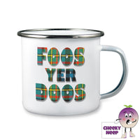 10oz white enamel camping mug with the words 'Foos Yer Doos