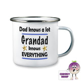 White enamel camping mug with the slogan "Dad knows a lot. Grandad knows EVERYTHING" printed together with two gold stars