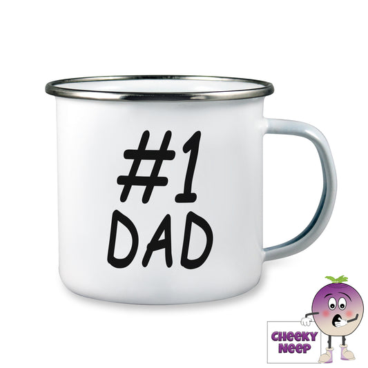 10oz white enamel camping mug with the words "#1 Dad" written in black text