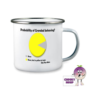 White enamel camping mug showing the question "Probability of Grandad Behaving?" together with a pie chart with both answers being none