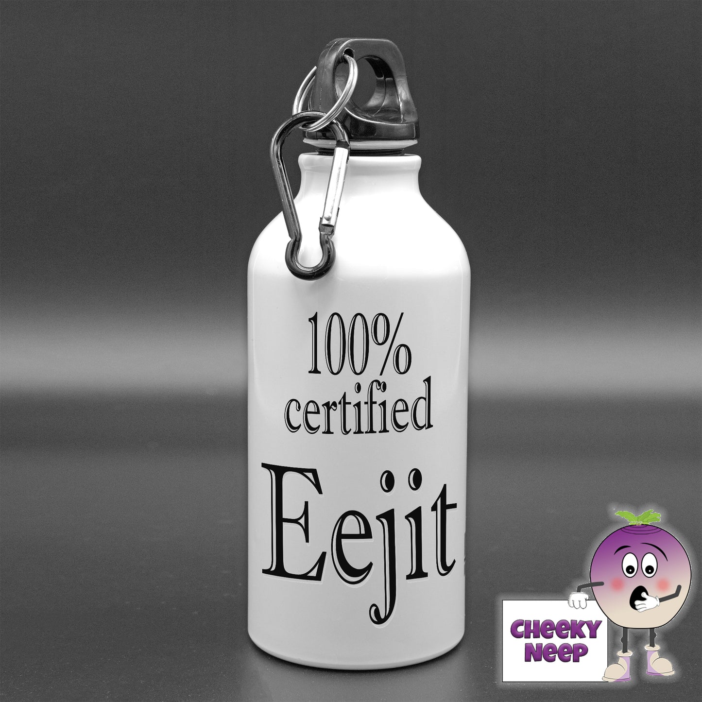 400ml Aluminium sports water bottle with the words "100% Certified Eejit" printed in black