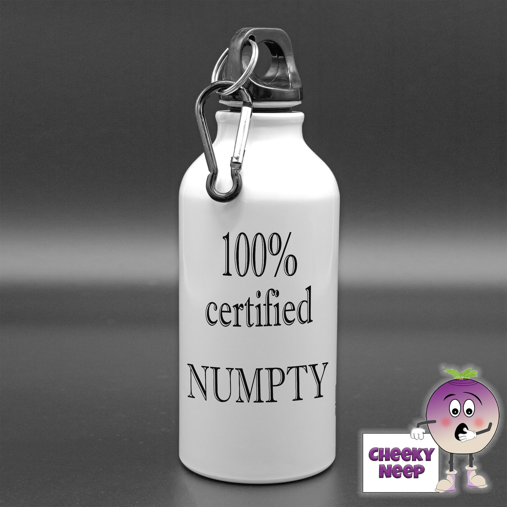 400ml Aluminium sports water bottle with the words "100% Certified Numpty" printed in black