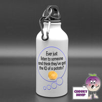 400ml White aluminium sports water bottle with a speech bubble with the words 