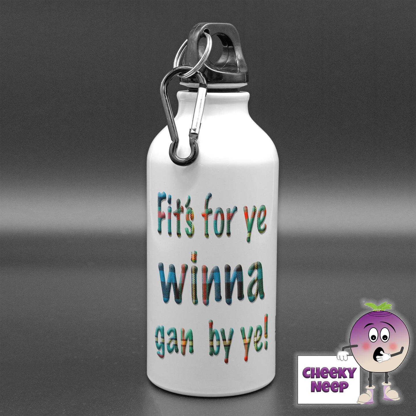 400ml white aluminium sports water bottle with the words "Fit's For Ye Winna Gan By Ye!" printed in bold tartan