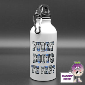 400ml white aluminium sports water bottle with the words "Furry Boots Ye Fae?" printed in bold tartan