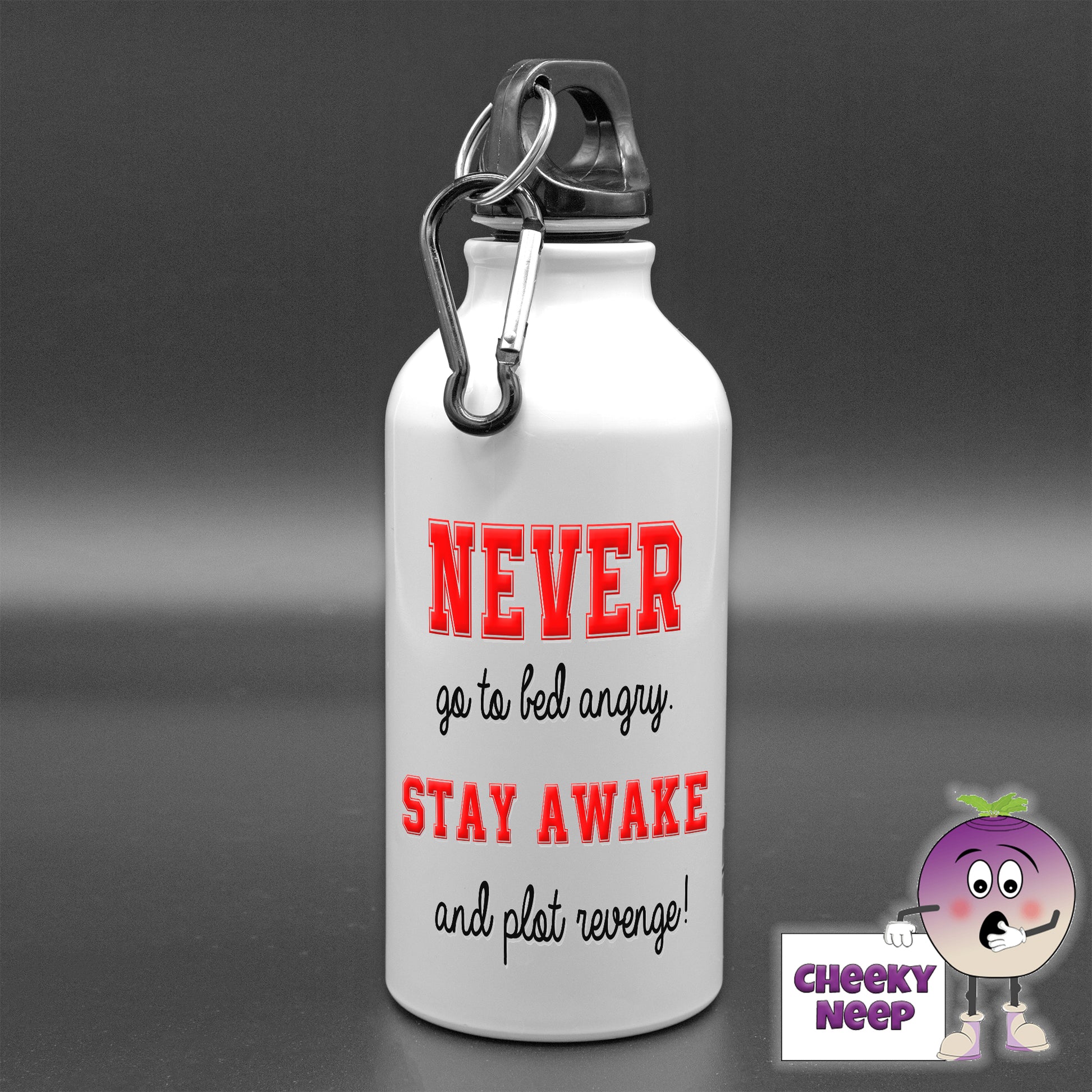 400ml white aluminium sports water bottle with the words "Never go to bed angry Stay Awake and plot revenge!" printed on the bottle