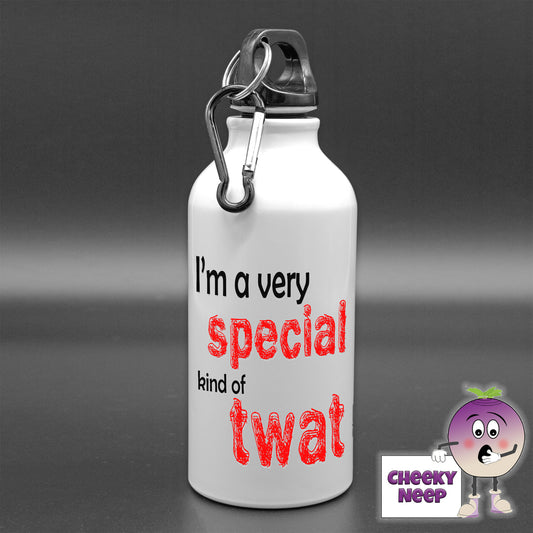 400ml white aluminium sports water bottle with the words "I'm a very special kind of twat" printed on the bottle