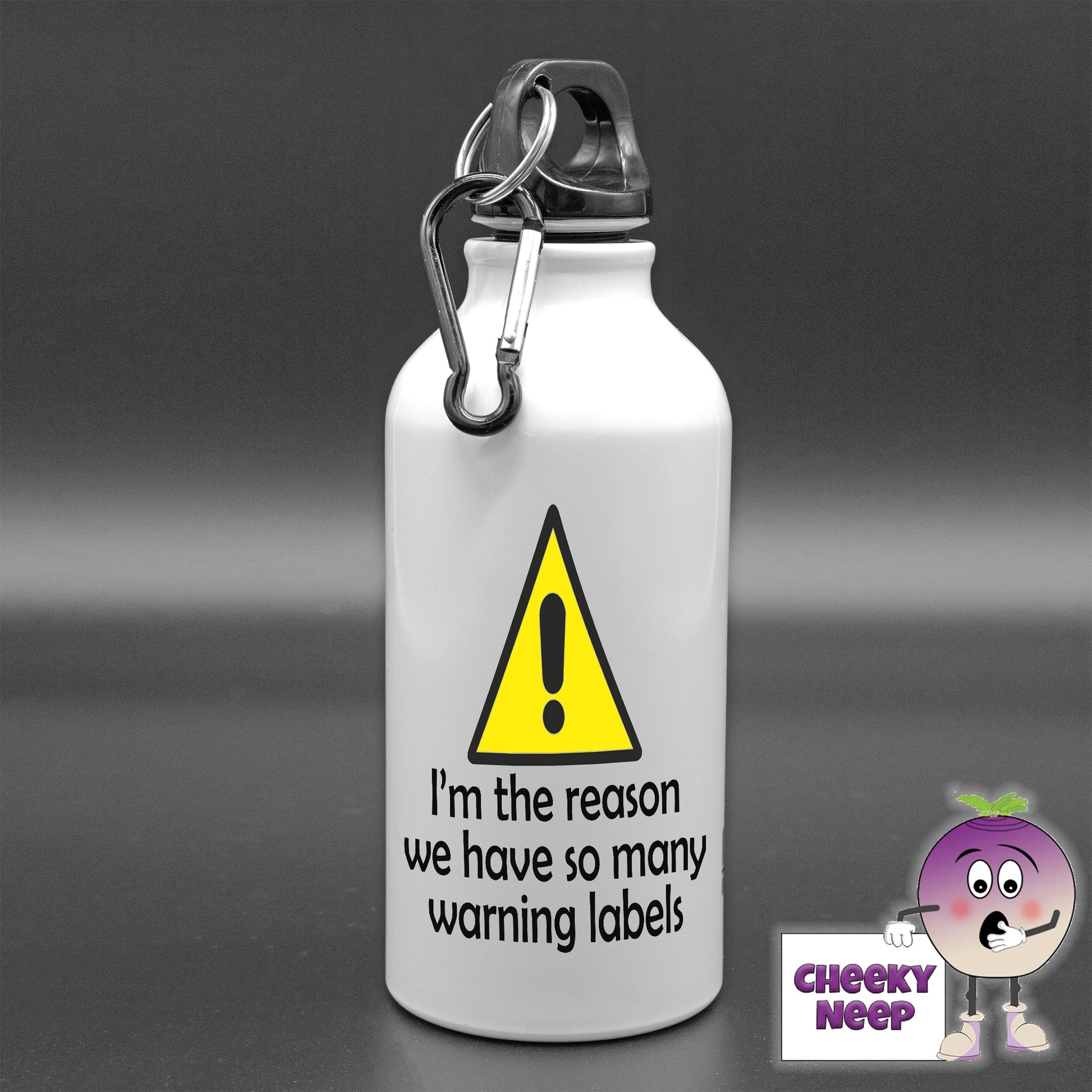 400ml white aluminium sports water bottle with a large yellow triangle and black exclamation mark printed. Below the triangle is the text in black "I'm the reason we have so many warning labels"