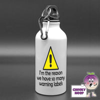 400ml white aluminium sports water bottle with a large yellow triangle and black exclamation mark printed. Below the triangle is the text in black 