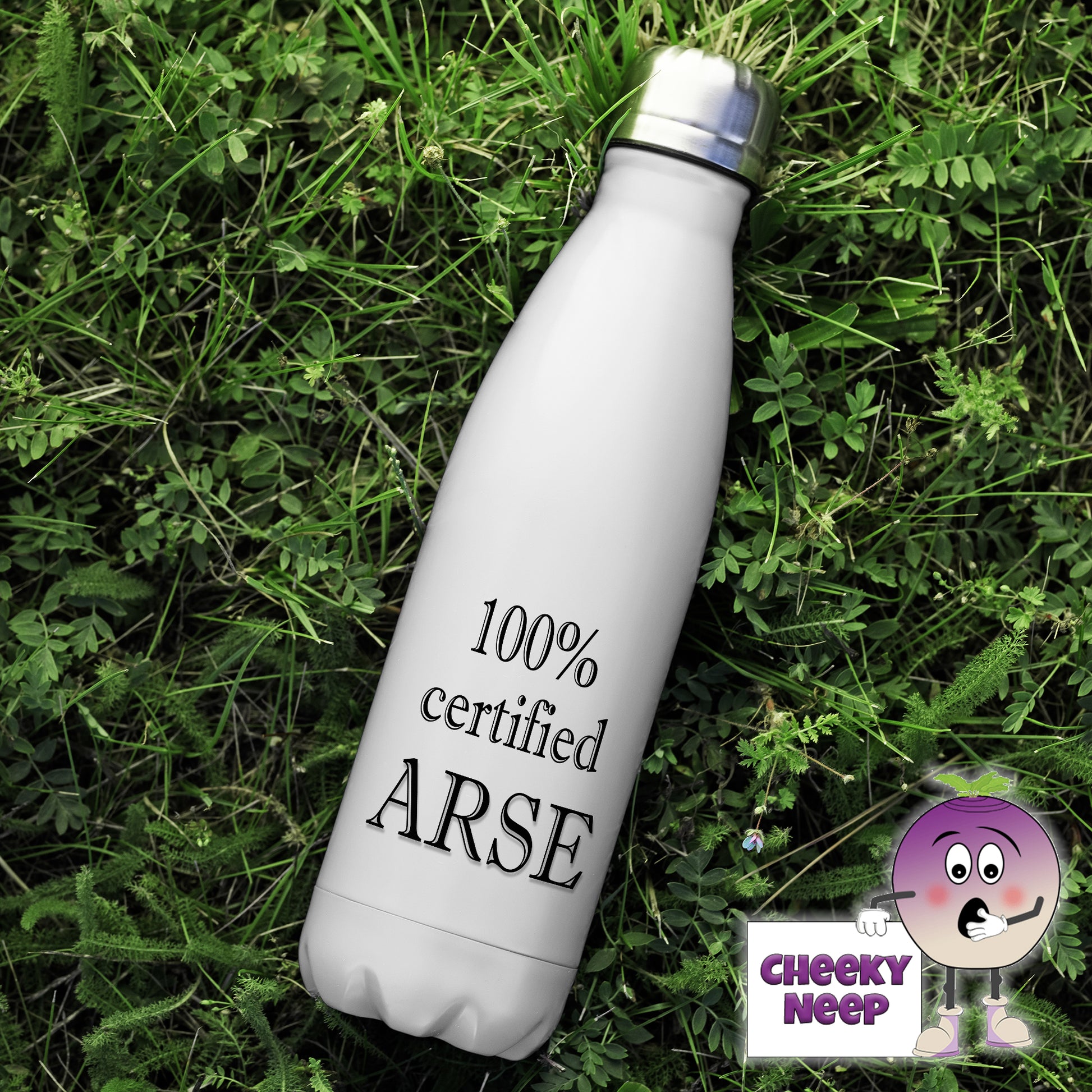 500ml thermal insulated white flask with the words "100% certified Arse" printed on the flask 