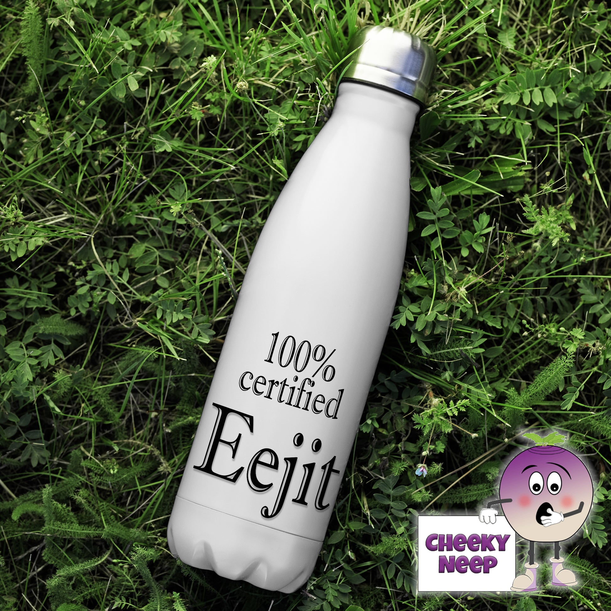 500ml thermal insulated white flask with the words "100% certified eejit" printed on the flask 