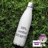 500ml thermal insulated white flask with the words "100% certified numpty" printed on the flask 