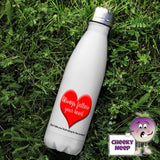 500ml thermal insulated white flask with the words "always follow your heart" printed on the flask in white over a large red heart. Below in smaller black font are the words : (but take your brain along for the journey)