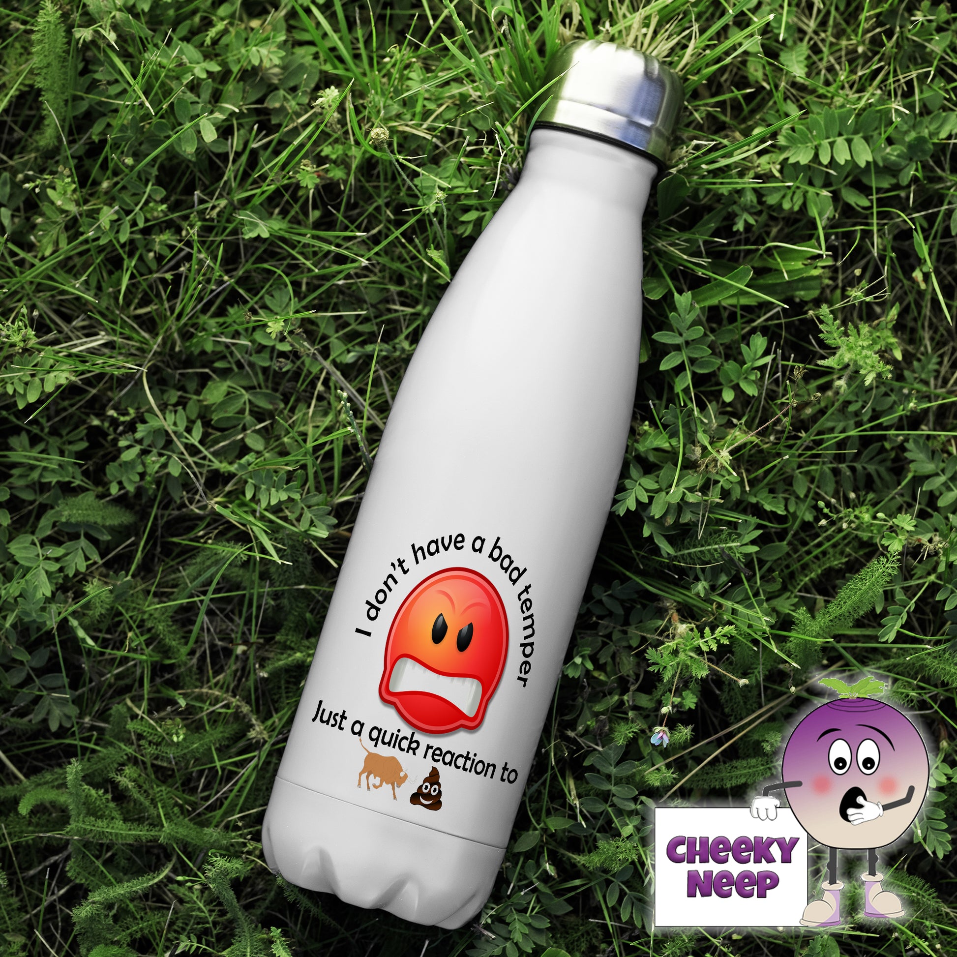 500ml thermal insulated white flask with the words "I don't have a bad temper" printed above an angry red emoji with the words "just a quick reaction to" printed below along with a small picture of a bull and the poop emoji printed on the flask 