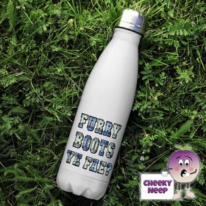 500ml thermal insulated white flask with the words "Furry Boots Ye Fae?" printed in tartan on the flask 