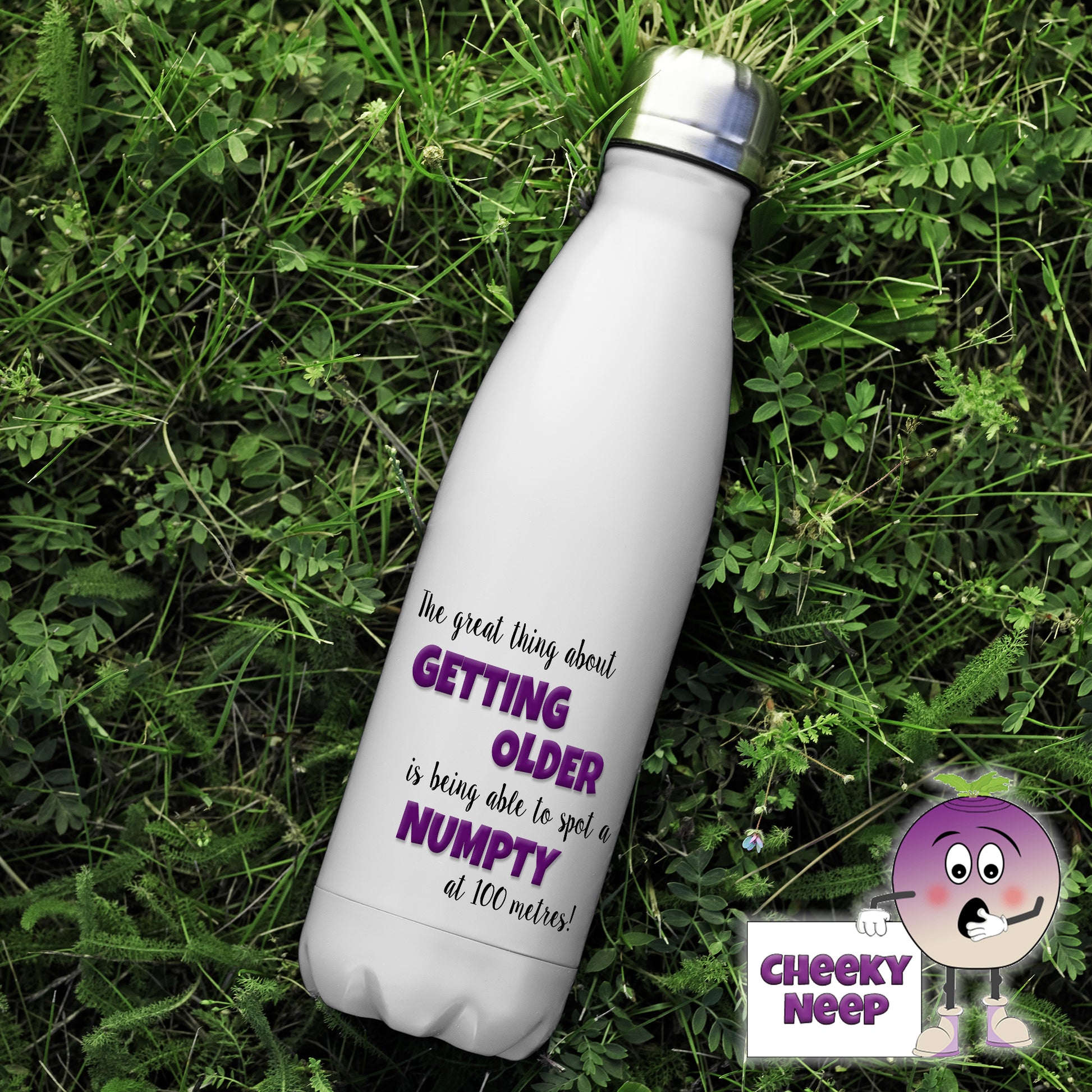 500ml thermal insulated white flask with the words "The great thing about GETTING OLDER is being able to spot a NUMPTY at 100 metres!" printed on the flask 