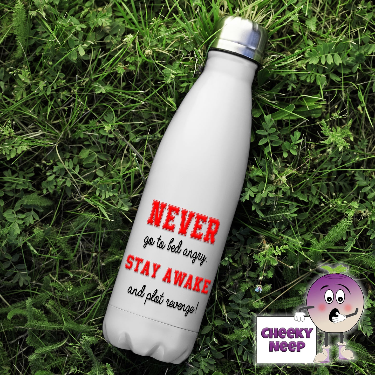 500ml thermal insulated white flask with the words "Never go to bed angry Stay awake and plot revenge!" printed on the flask 