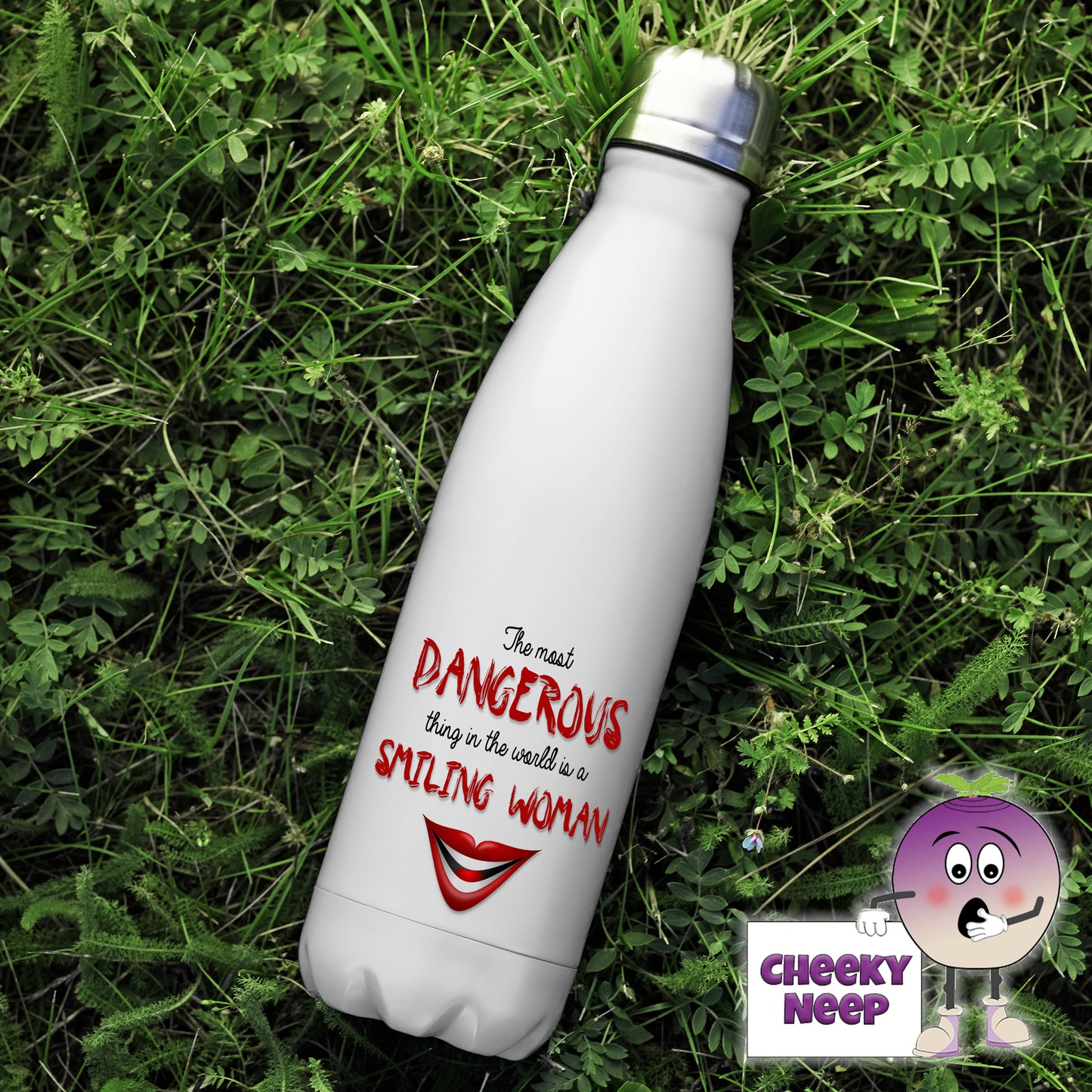 500ml thermal insulated white flask with the words "The most dangerous thing in the world is a smiling woman" printed together with a picture of a smiling cartoon mouth on the flask 