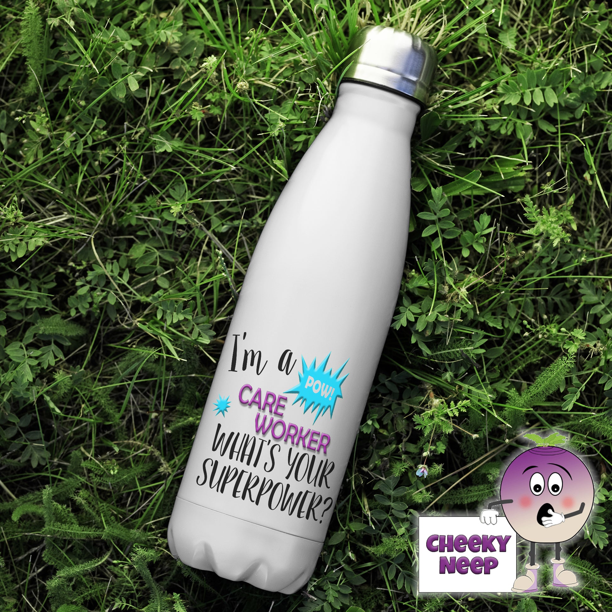 500ml thermal insulated white flask with the words "I'm a Care Worker what's your superpower?" printed on the flask 