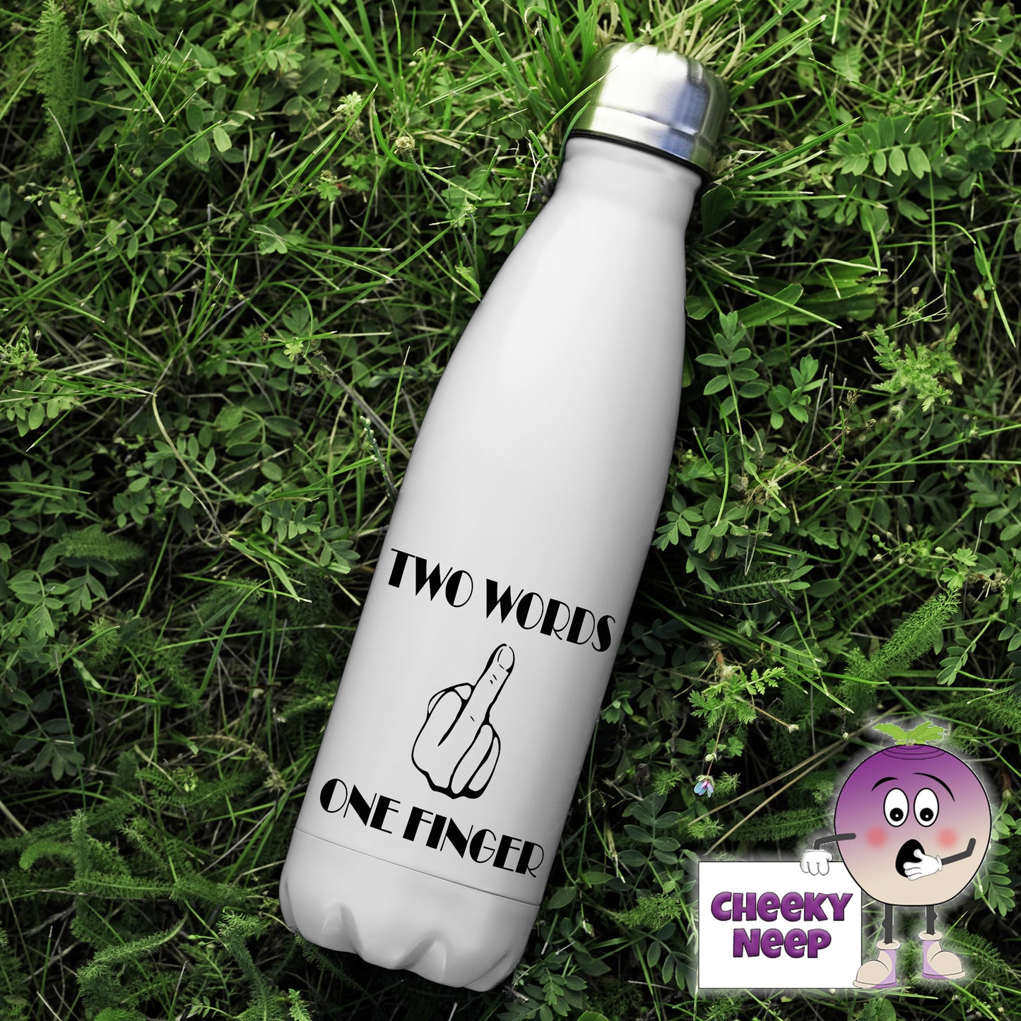 500ml thermal insulated white flask with the words "two words one finger" printed top and bottom of a picture of a hand raising the middle finger printed on the flask 