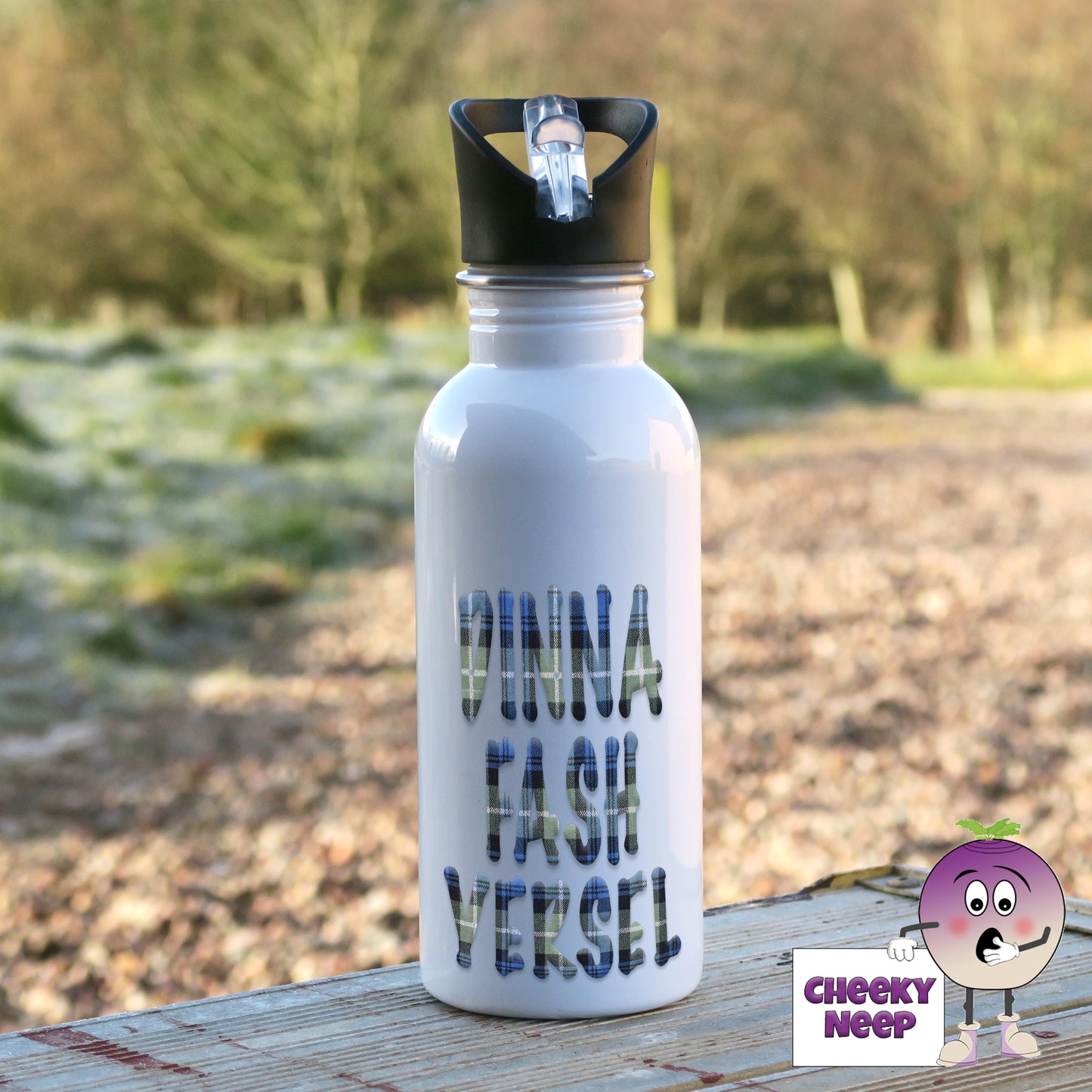 600ml white aluminium sports water bottle with the words "Dinna Fash Yersel" written in blue tartan