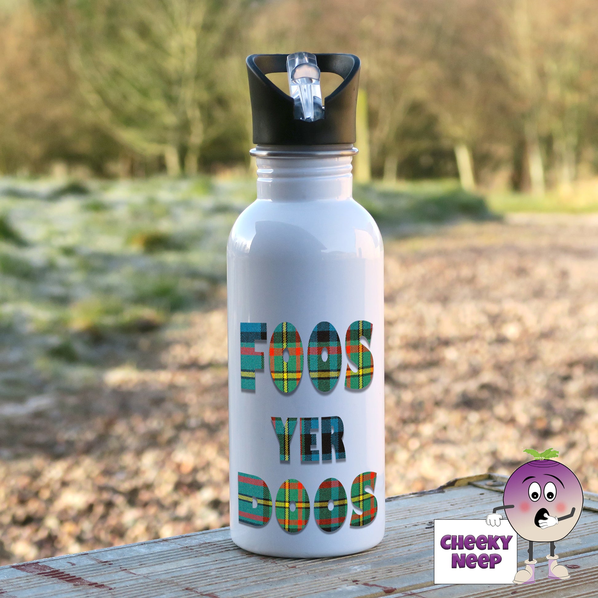 600ml white aluminium sports water bottle with the words "Foos Yer Doos" printed in green tartan