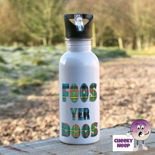 600ml white aluminium sports water bottle with the words "Foos Yer Doos" printed in green tartan