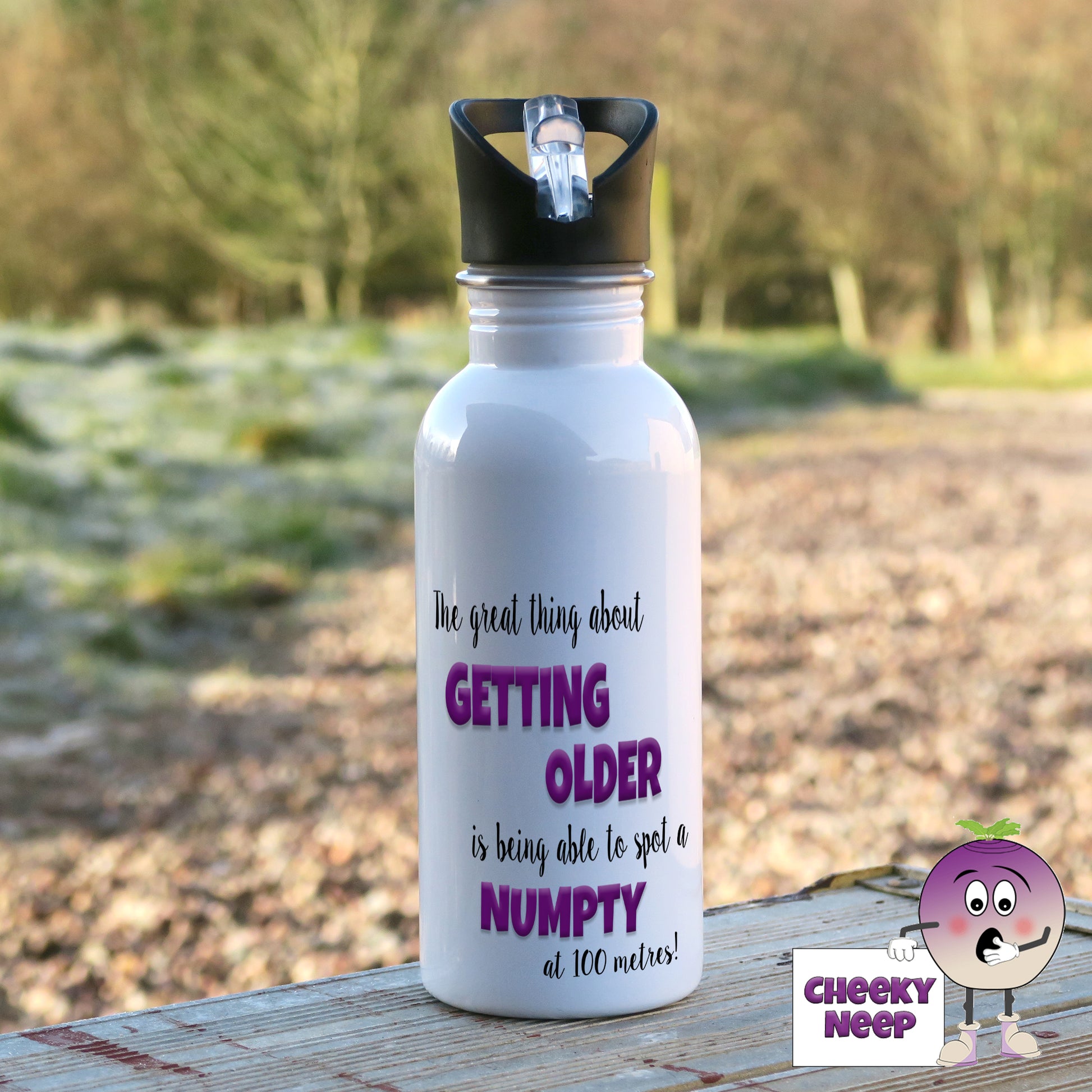 600ml white aluminium sports water bottle with the words "the great thing about GETTING OLDER is being able to spot a NUMPTY at 100 metres!" printed on the bottle