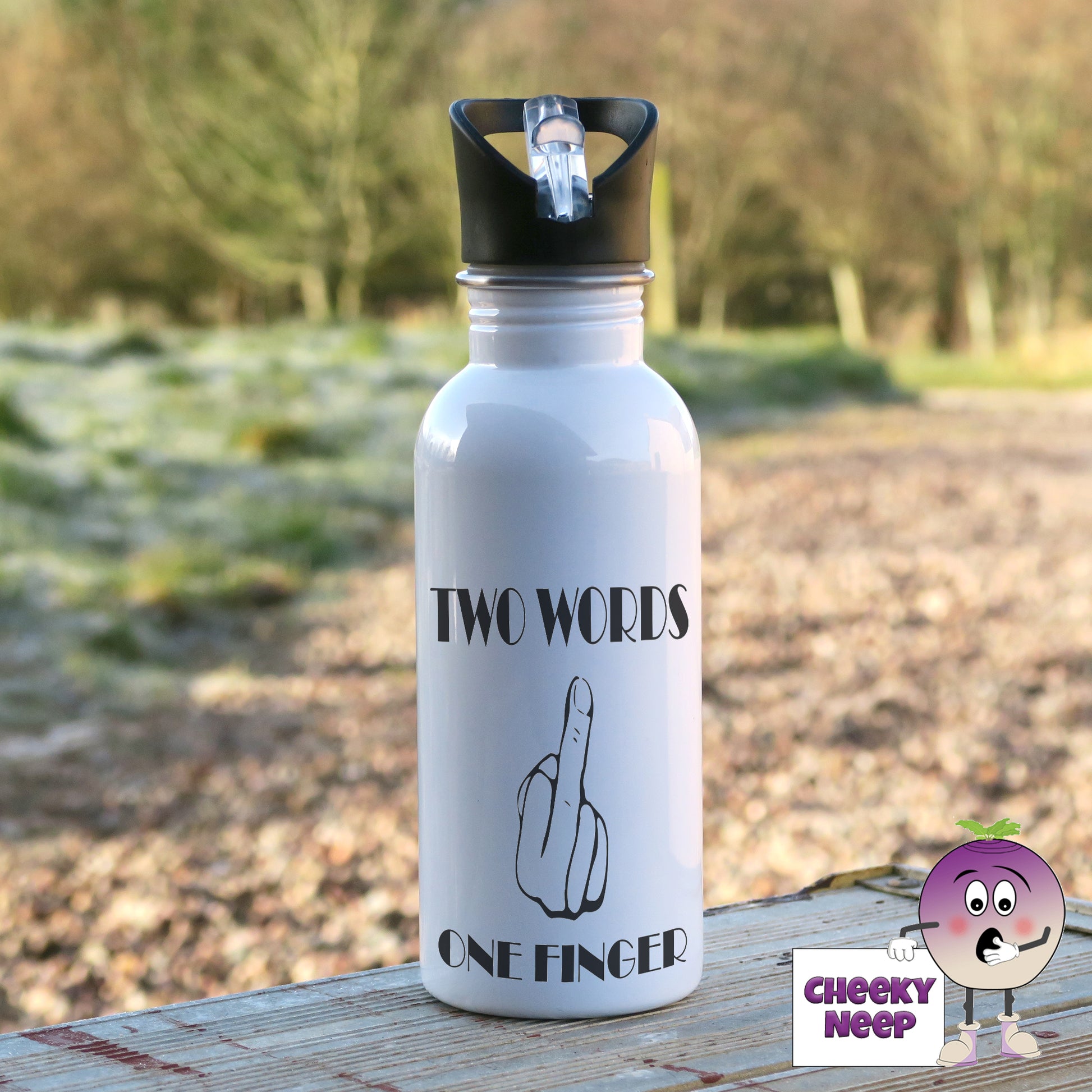 600ml white aluminium sports water bottle with the picture of a hand with a middle finger raised and the words "Two words one finger" printed around the picture