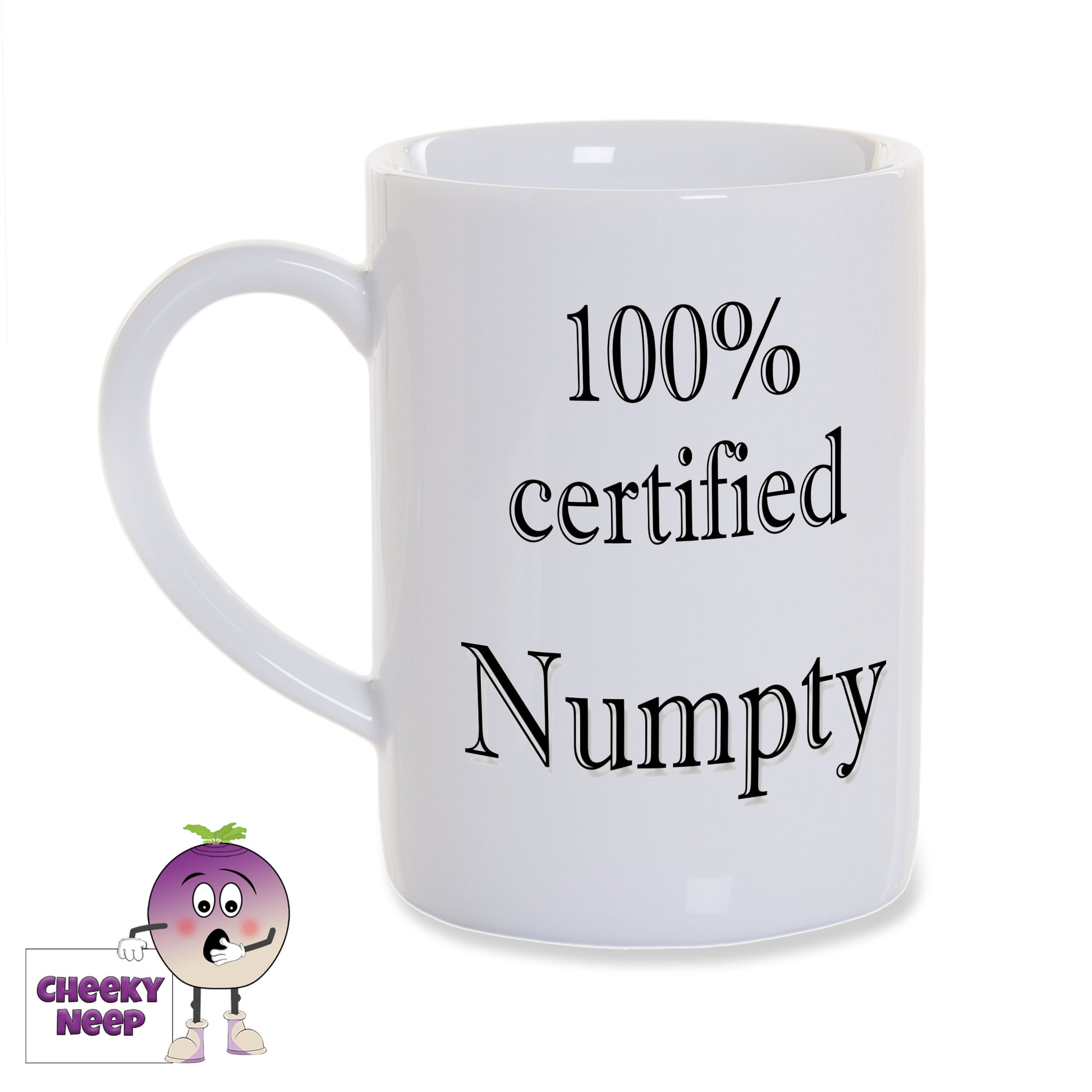 White 8oz porcelain mug with the words "100% certified Numpty" printed in black. 