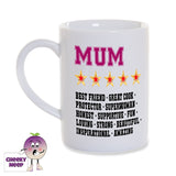 White porcelain mug with the slogan "Mum ***** Best Friend - Great Cook - Protector - Superwoman - Honest - Supportive - Fun - Loving - Strong - Beautiful - Inspirational - Amazing"  printed on the mug as supplied by Cheekyneep.com