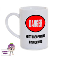 White porcelain mug with a Danger sign in red and the wording 