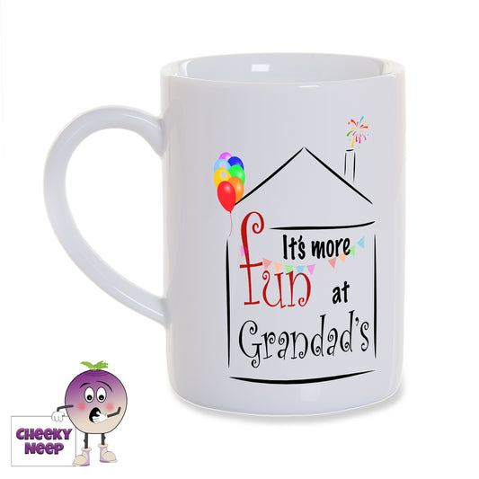 8oz white porcelain mug with the slogan "It's more fun at Grandad's" printed in the outline of a house and with some coloured balloons and bunting with fireworks coming out the chimney