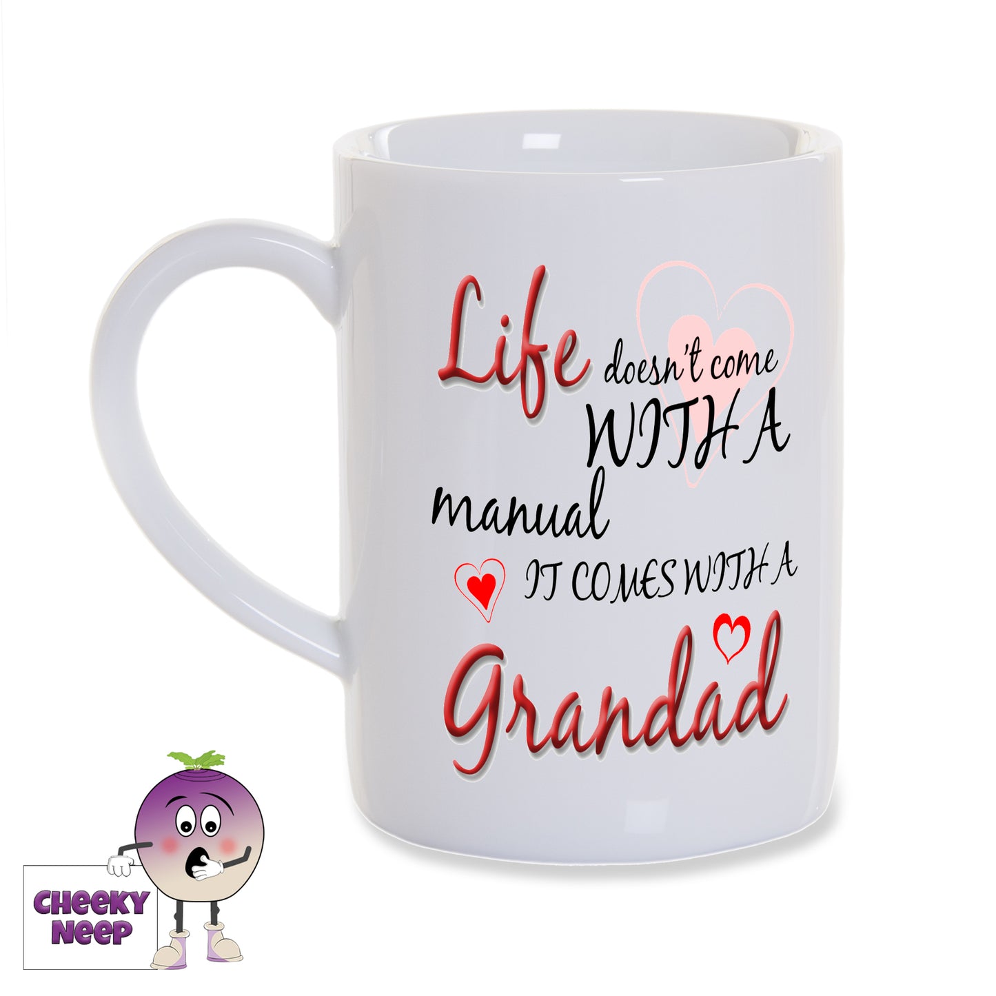 8oz white porcelain mug with the slogan "Life doesn't come with a manual it comes with a GRANDAD" and some red love hearts printed on the mug