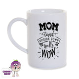 White porcelain mug with the words "Mom upside down spells wow" printed in black on the mug as produced by Cheekyneep.com