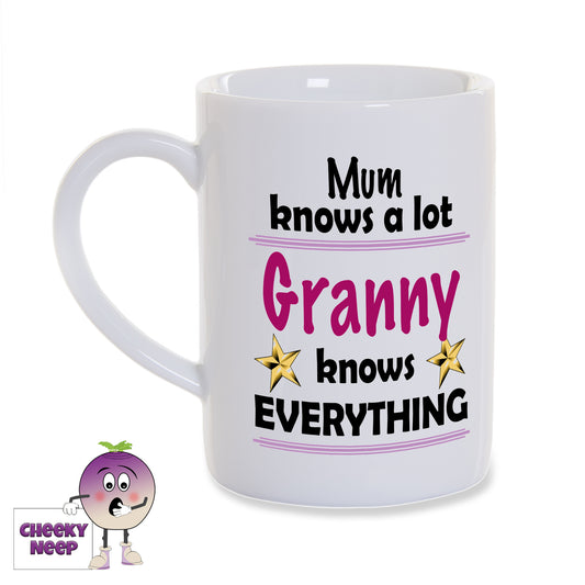 White porcelain mug with the slogan "Mum knows a lot Granny knows Everything" printed on it as supplied by Cheekyneep.com