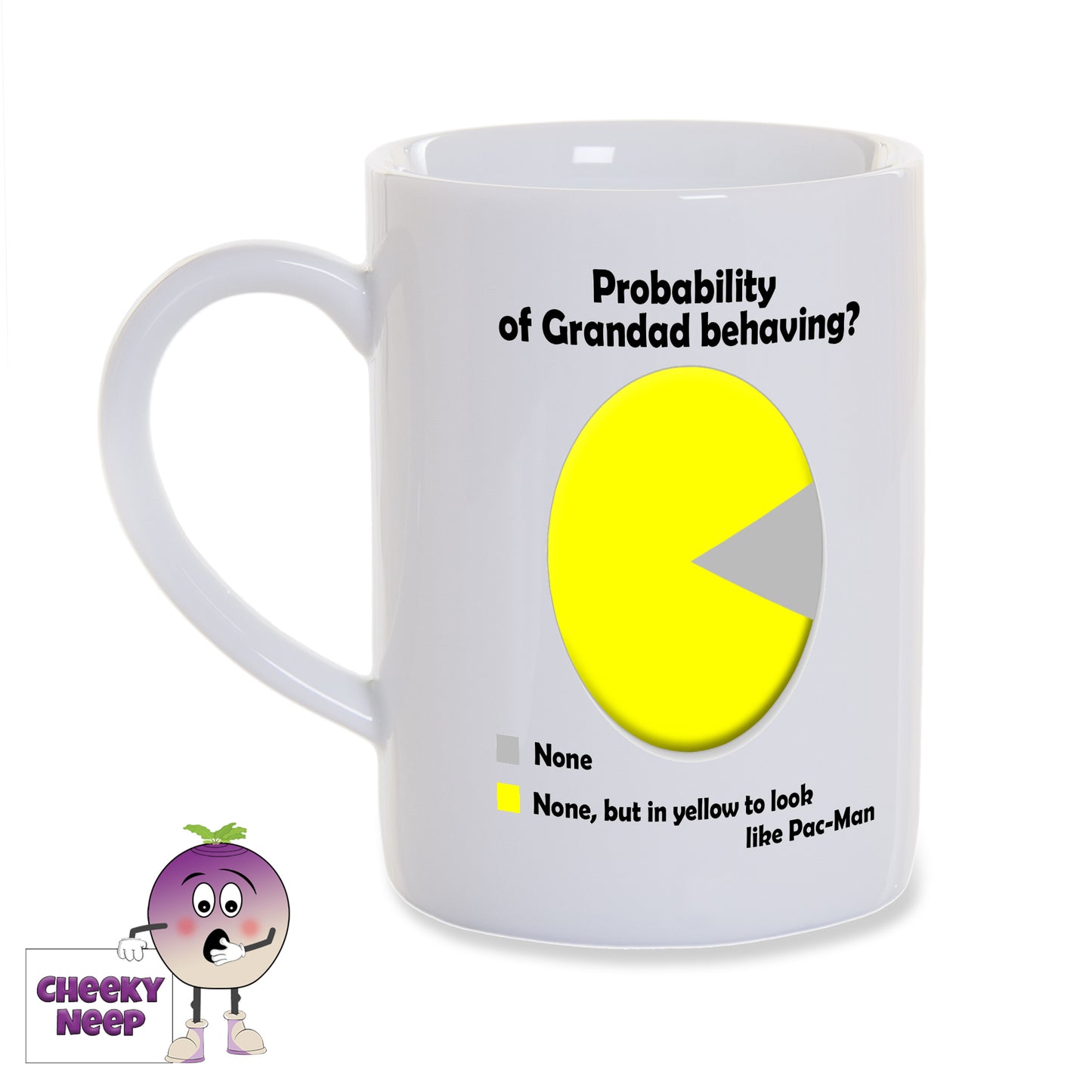 8oz white porcelain mug with the slogan "Probability of Grandad behaving?" printed onto the mug together with a pie chart showing none.