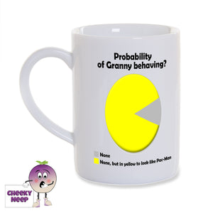 White porcelain mug with the slogan "Probability of Granny behaving? None or None, but in yellow to look like Pac-Man" printed on the mug as supplied by Cheekyneep.com