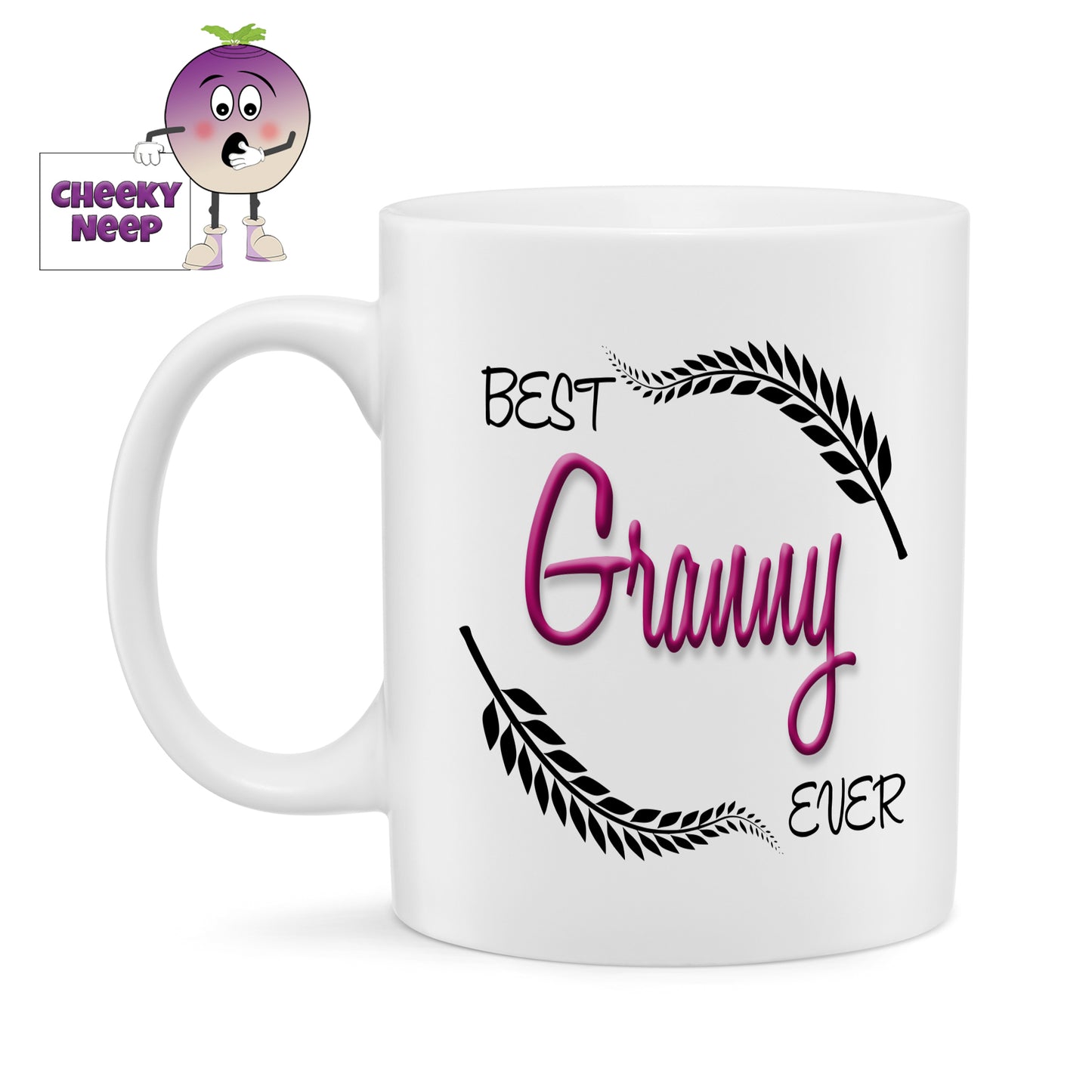 White standard ceramic mug with the slogan "Best Granny Ever" printed along with some leaves on the mug as supplied by Cheekyneep.com