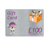 Silver metal effect gift card with an orange wrapped gift box and silver ribbon together with the CheekyNeep Logo and £100