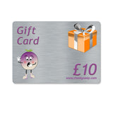 Silver metal effect gift card with an orange wrapped gift box and silver ribbon together with the CheekyNeep Logo and £10