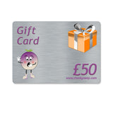 Silver metal effect gift card with an orange wrapped gift box and silver ribbon together with the CheekyNeep Logo and £50