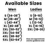 Listing of the available sizes of tees for Ladies and Mens from S to 5XL as supplied by Cheekyneep.com