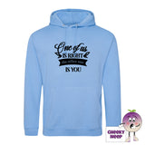Cornflower blue hoodie with the slogan One of us is right and the other one is you printed on the front of the hoodie