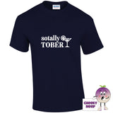 Navy tee with the slogan sotally sober printed on the front