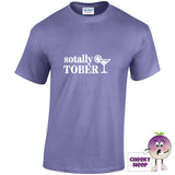 Violet tee with the slogan sotally sober printed on the front