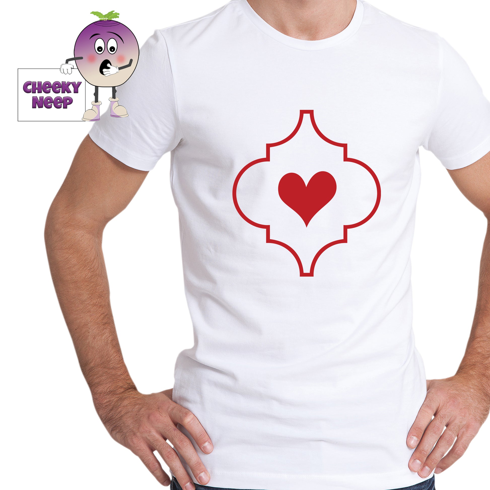 Man in a white tee with an arabesque outline with a red heart in the middle printed on the tee. Tee as produced by Cheekyneep.com