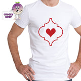 Man in a white tee with an arabesque outline with a red heart in the middle printed on the tee. Tee as produced by Cheekyneep.com